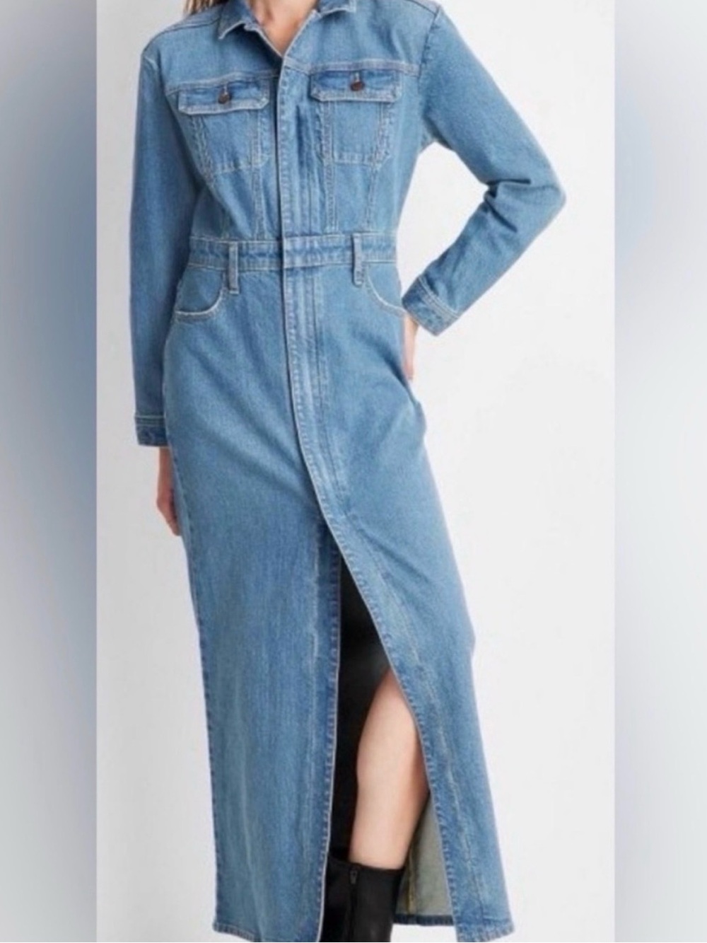 Universal thread light Blue Denim Maxi Dress with Front Slit. USED